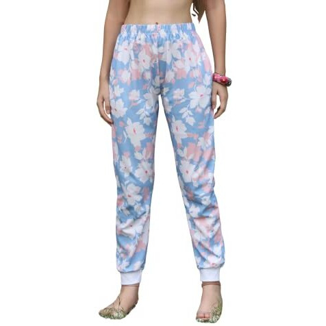 Leriya Fashion Womens Wide Leg Pants Flowers Floral Print Drawstring Loose Long Trousers (X-Large, Blue)