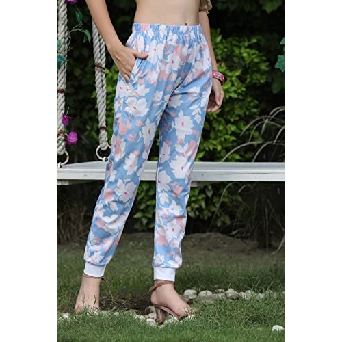 Leriya Fashion Womens Wide Leg Pants Flowers Floral Print Drawstring Loose Long Trousers (X-Large, Blue)