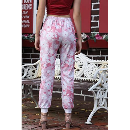 Leriya Fashion Womens Wide Leg Pants Flowers Floral Print Drawstring Loose Long Trousers (Small, Pink)