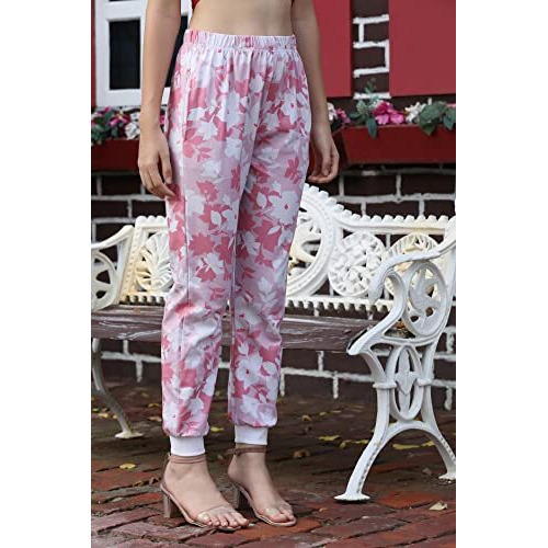 Leriya Fashion Womens Wide Leg Pants Flowers Floral Print Drawstring Loose Long Trousers (Small, Pink)