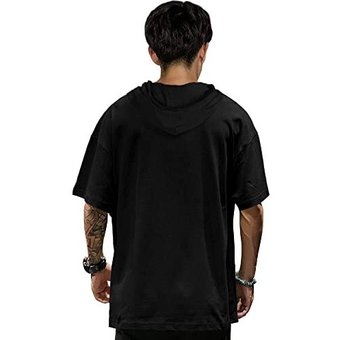 Eyebogler Men's Trendy Hooded Neck Half Sleeves Loose Fit Colorblocked T-Shirt Black White