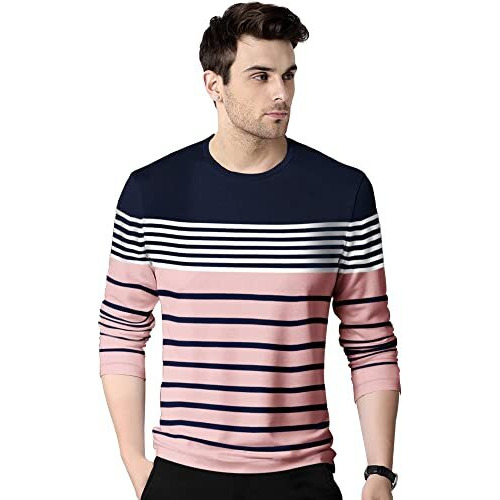 Eyebogler Men's Trendy Full Sleeves Round Neck Regular Fit Striped T-Shirt
