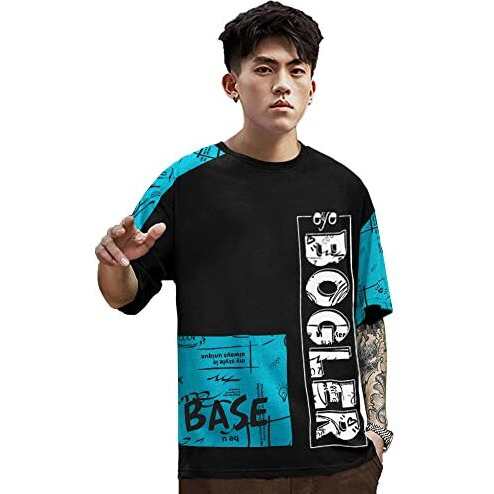 Eyebogler Men's Trendy Round Neck Half Sleeves Loose Fit Typography Printed T-Shirt Black Bluebird