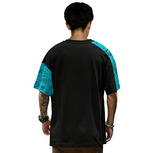 Eyebogler Men's Trendy Round Neck Half Sleeves Loose Fit Typography Printed T-Shirt Black Bluebird