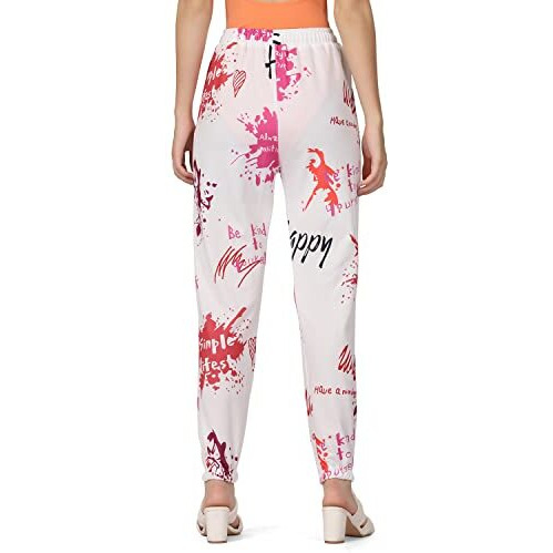 Leriya Fashion Women's Casual Wide Leg High Waisted Button Down Straight Long Trousers Pants (White & Red_M)