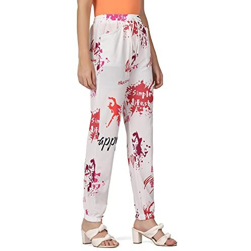 Leriya Fashion Women's Casual Wide Leg High Waisted Button Down Straight Long Trousers Pants (White & Red_M)