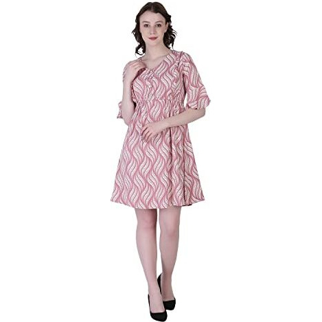 Om Sai Latest Creation Women's Crepe A-Line Western Dress For Women | Ruffled Sleeve, Knee-Length Dress | Midi Western Dress For Women| Short Dress (Medium, Pink)