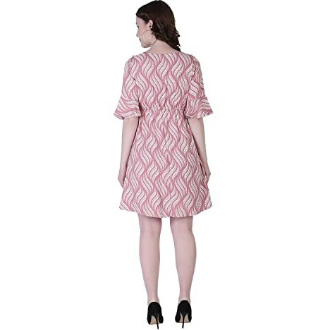Om Sai Latest Creation Women's Crepe A-Line Western Dress For Women | Ruffled Sleeve, Knee-Length Dress | Midi Western Dress For Women| Short Dress (Medium, Pink)