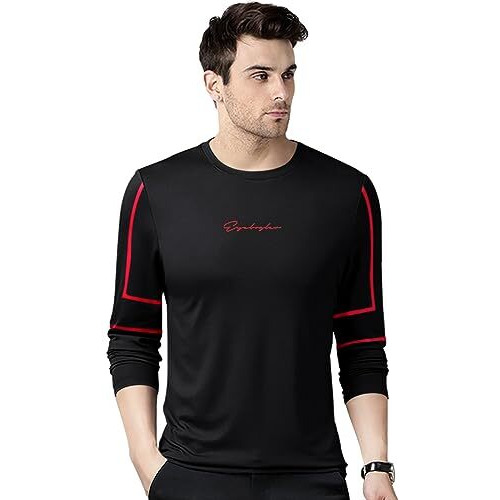 Eyebogler Mens Cotton Blend Round Neck Full Sleeve Printed Tshirt Black Red