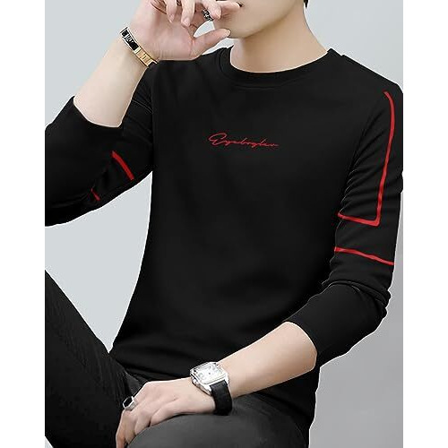 Eyebogler Mens Cotton Blend Round Neck Full Sleeve Printed Tshirt Black Red