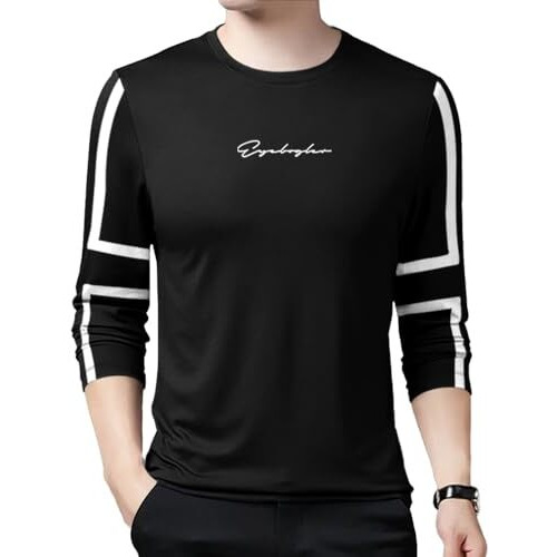 Eyebogler Mens Round Neck Full Sleeves Regular Fit Printed T-Shirt Black White