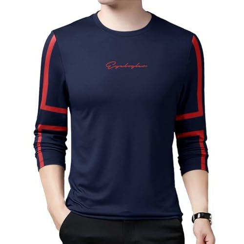 Eyebogler Mens Round Neck Full Sleeves Regular Fit Printed T-Shirt Navy Red