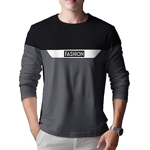 Eyebogler Men's Round Neck Regular Fit Colorblocked Full Sleeves T-Shirt