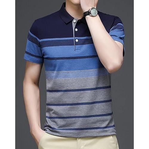 Eyebogler Men's Designer Half Sleeves Polo Neck Striped T-Shirt Blue