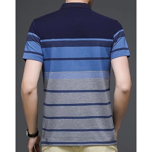 Eyebogler Men's Designer Half Sleeves Polo Neck Striped T-Shirt Blue