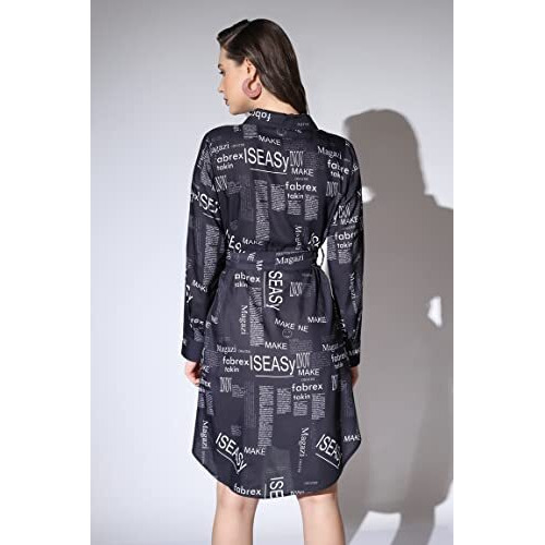 Om Sai Latest Creation Western Dresses For Women || Rayon Paper Printed Dress For Women || Dress With Belt, Cuff Full Sleeve & Spread Collar || Casual Western Dress For Women. (Large, Navyblue)