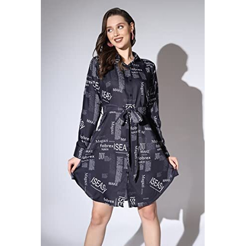 Om Sai Latest Creation Western Dresses For Women || Rayon Paper Printed Dress For Women || Dress With Belt, Cuff Full Sleeve & Spread Collar || Casual Western Dress For Women. (Large, Navyblue)