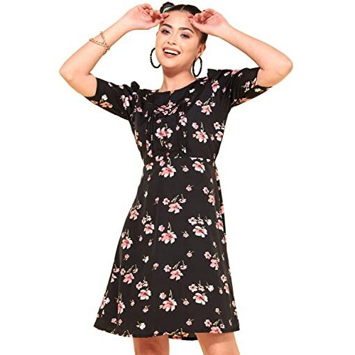 Oomph Women's Western & Fusion Wear Below Knee Shift Black Dress In Crepe Fabric With Round Neck And Puff Sleeves - Md627M