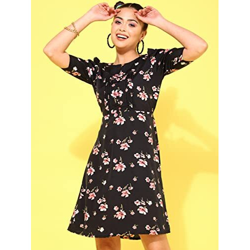 Oomph Women's Western & Fusion Wear Below Knee Shift Black Dress In Crepe Fabric With Round Neck And Puff Sleeves - Md627M