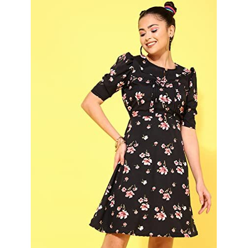 Oomph Women's Western & Fusion Wear Below Knee Shift Black Dress In Crepe Fabric With Round Neck And Puff Sleeves - Md627M