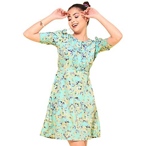 Oomph Women's Western & Fusion Wear Below Knee Shift Light Green Dress In Crepe Fabric With Round Neck And Puff Sleeves - Md620M