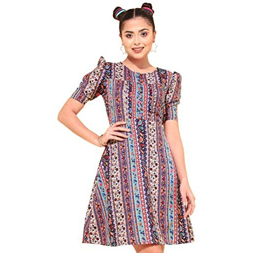 Oomph Women's Western & Fusion Wear Below Knee Shift Multicolor Dress In Crepe Fabric With Round Neck And Puff Sleeves - Md625Xl
