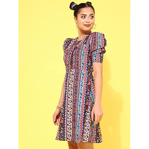 Oomph Women's Western & Fusion Wear Below Knee Shift Multicolor Dress In Crepe Fabric With Round Neck And Puff Sleeves - Md625Xl