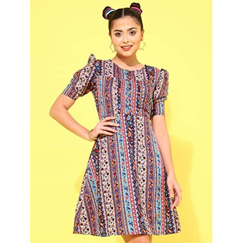 Oomph Women's Western & Fusion Wear Below Knee Shift Multicolor Dress In Crepe Fabric With Round Neck And Puff Sleeves - Md625M