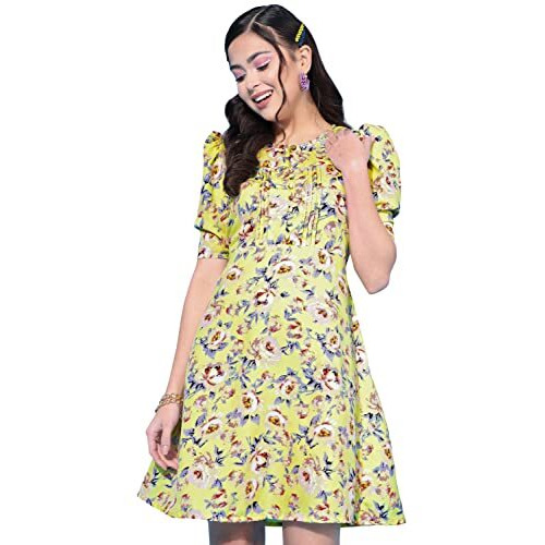 Oomph Women's Western & Fusion Wear Below Knee Shift Yellow Dress In Crepe Fabric With Round Neck And Puff Sleeves - Md621M