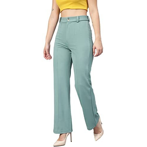 Kotty Women Polyester Blend Green Solid Trousers(Light Moss Green,28)