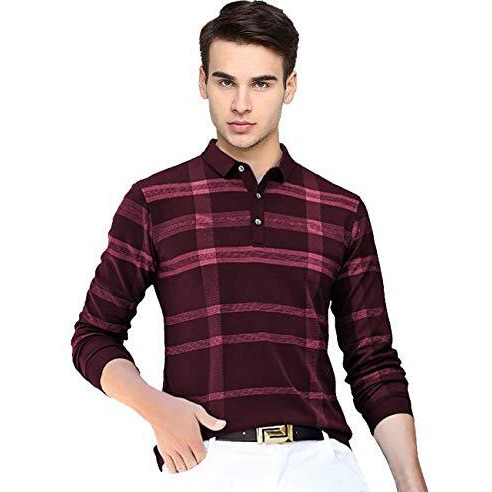 Eyebogler Men's Polo Neck Full Sleeves Wine Milange Printed T-Shirt