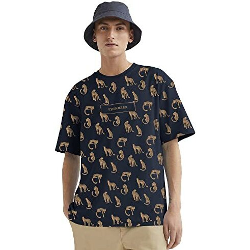 Eyebogler Round Neck Half Sleeve Loose Fit Animal Print Men Tshirt Navy Blue