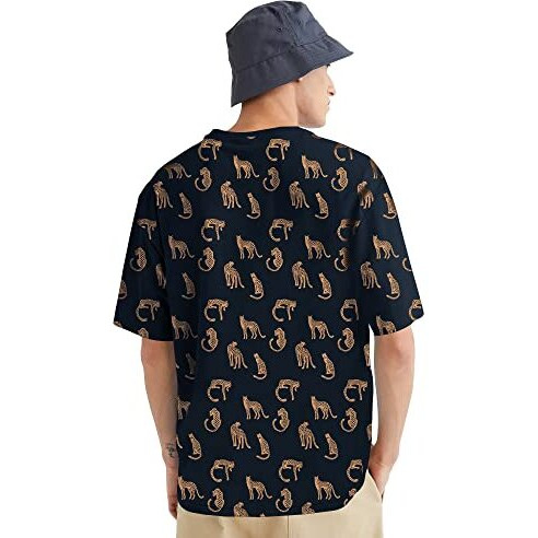 Eyebogler Round Neck Half Sleeve Loose Fit Animal Print Men Tshirt Navy Blue