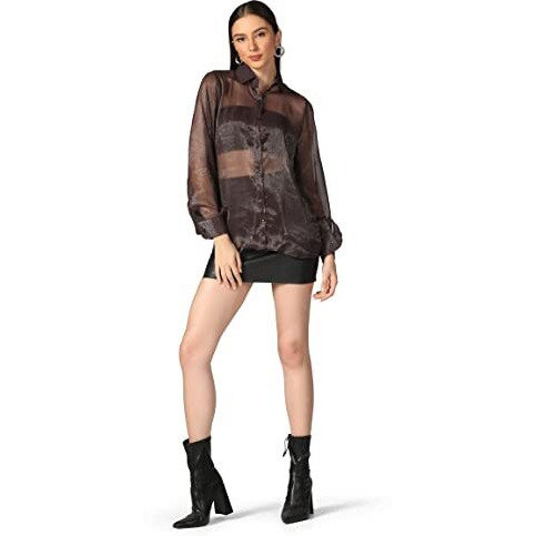 Om Sai Latest Creation Tops For Women || Transparent Mesh Long Cuff Sleeves Shirt Tops For Women || Shirt Style Tops For Women || Button Down Shirts || Sheer Shirt For Women. (X-Large, Black)