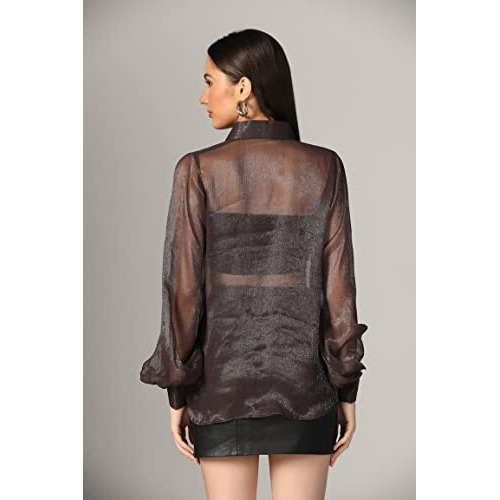 Om Sai Latest Creation Tops For Women || Transparent Mesh Long Cuff Sleeves Shirt Tops For Women || Shirt Style Tops For Women || Button Down Shirts || Sheer Shirt For Women. (X-Large, Black)