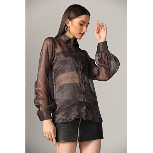 Om Sai Latest Creation Tops For Women || Transparent Mesh Long Cuff Sleeves Shirt Tops For Women || Shirt Style Tops For Women || Button Down Shirts || Sheer Shirt For Women. (X-Large, Black)
