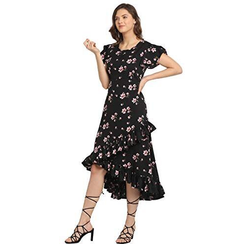 Oomph Women's Western & Fusion Wear Wrap Midi Dresses For Women, Black - Md158