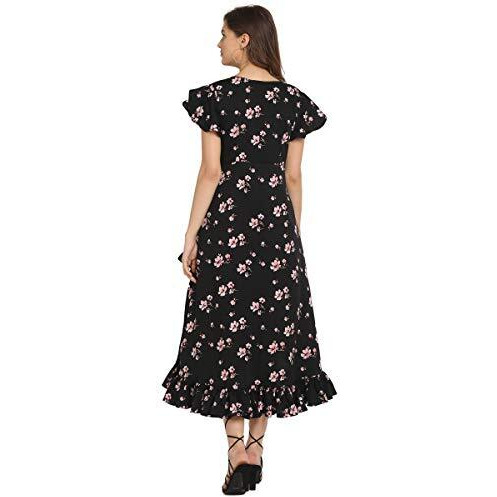 Oomph Women's Western & Fusion Wear Wrap Midi Dresses For Women, Black - Md158