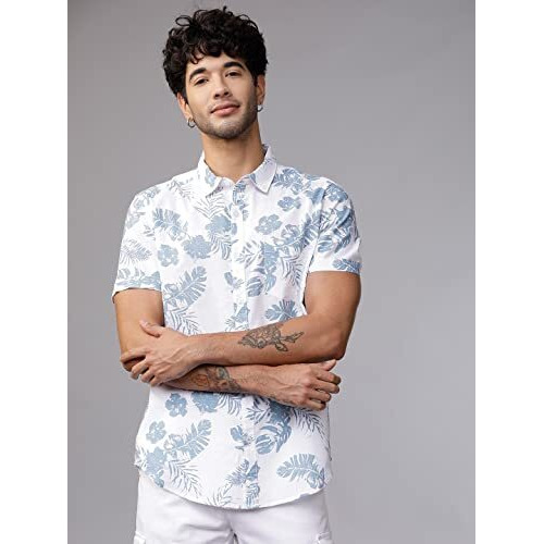 Lookmark Men's Cotton Blend Stitched Solid Half Sleeve Regular Fit Shirt(Printed Regular Fit Shirt Blue Leaf-S)