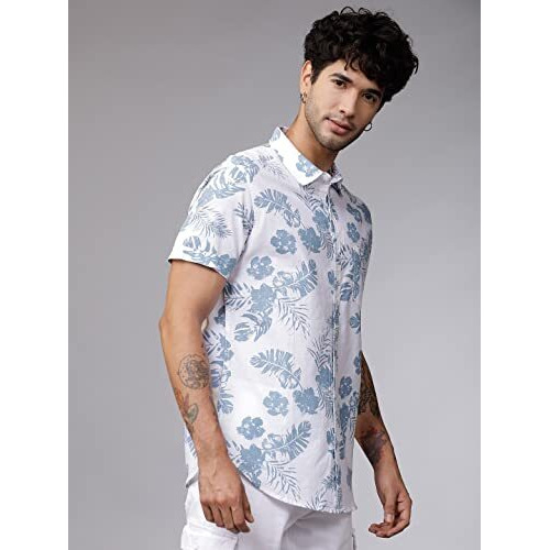Lookmark Men's Cotton Blend Stitched Solid Half Sleeve Regular Fit Shirt(Printed Regular Fit Shirt Blue Leaf-S)