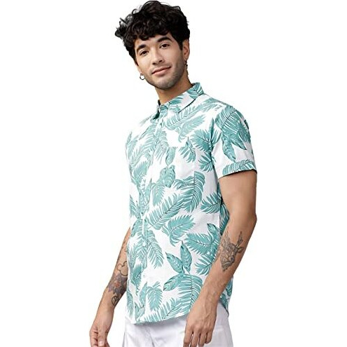 Lookmark Men's Cotton Blend Stitched Solid Half Sleeve Regular Fit Shirt(Printed Regular Fit Shirt Green Leaf-S)