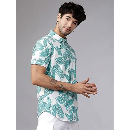 Lookmark Men's Cotton Blend Stitched Solid Half Sleeve Regular Fit Shirt(Printed Regular Fit Shirt Green Leaf-S)