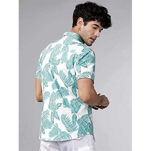 Lookmark Men's Cotton Blend Stitched Solid Half Sleeve Regular Fit Shirt(Printed Regular Fit Shirt Green Leaf-S)