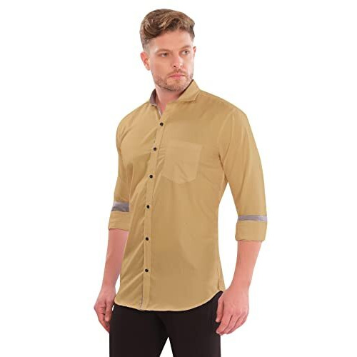 Lookmark Men's Cotton Blend Stitched Solid Full Sleeve Shirt(Shirt 02-S) Beige
