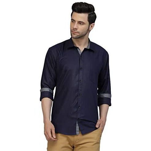 Lookmark Men's Cotton Blend Stitched Solid Full Sleeve Shirt(New-Shirt 04-L) Blue