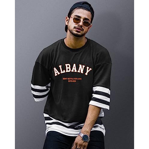 Eyebogler Oversized Loose Baggy Fit Drop Shooulder Half Sleeves Cotton Blend Printed T-Shirt For Men Black White