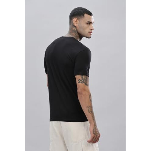 Adro Men's V Neck Solid Cotton T-Shirt (Vn-M-Pln-Bl_Black_Xl)