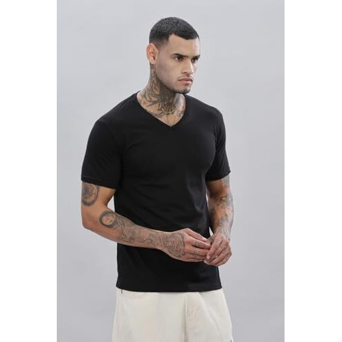 Adro Men's V Neck Solid Cotton T-Shirt (Vn-M-Pln-Bl_Black_Xl)