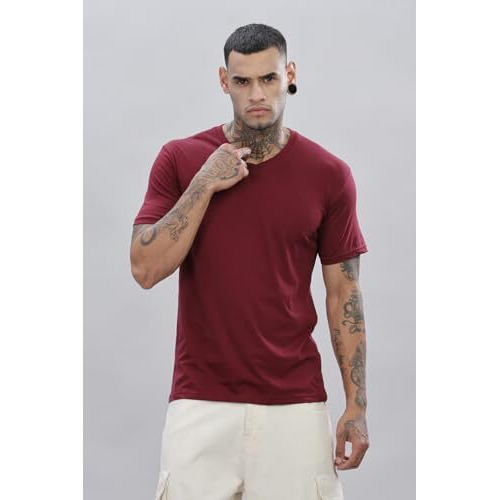 Adro Men's V Neck Solid Cotton T-Shirt (Vn-M-Pln-Mr_Maroon_Xl)