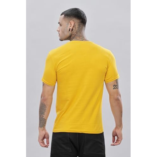 Adro Men's V Neck Solid Cotton T-Shirt (Vn-M-Pln-Mu_Mustard_L)